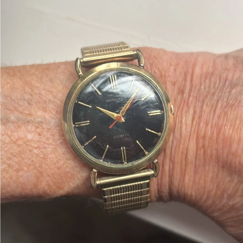 Vintage mens Hamilton Gold-Tone Watch with Black Dial - Picture 1 of 4
